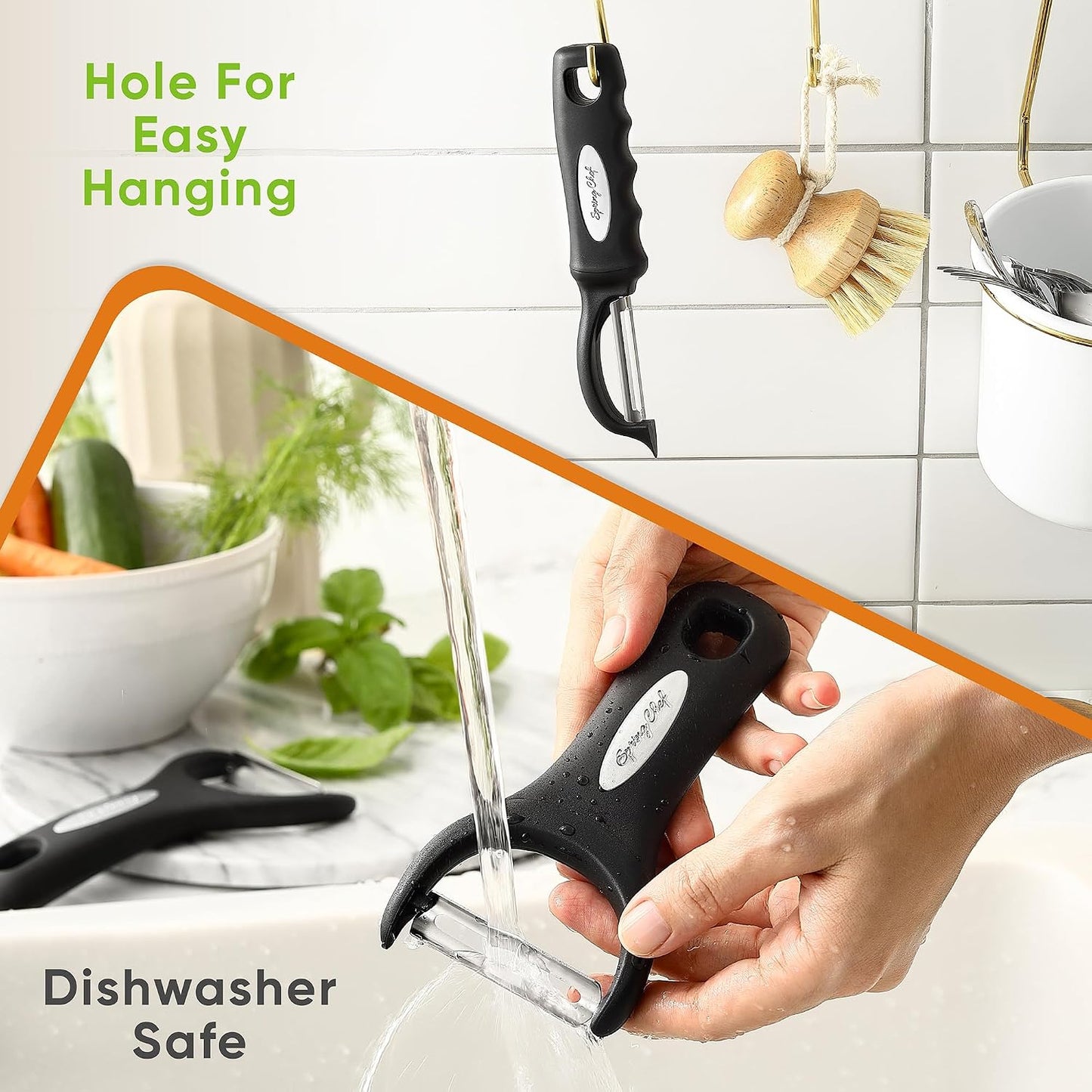 Spring Chef Swivel Potato Peeler & Julienne Vegetable Peeler w/Soft Handle | Premium Multifunctional Peelers for Kitchen with Sharp Stainless Steel Blades & Blade Covers, Dishwasher Safe Veggie Peelers