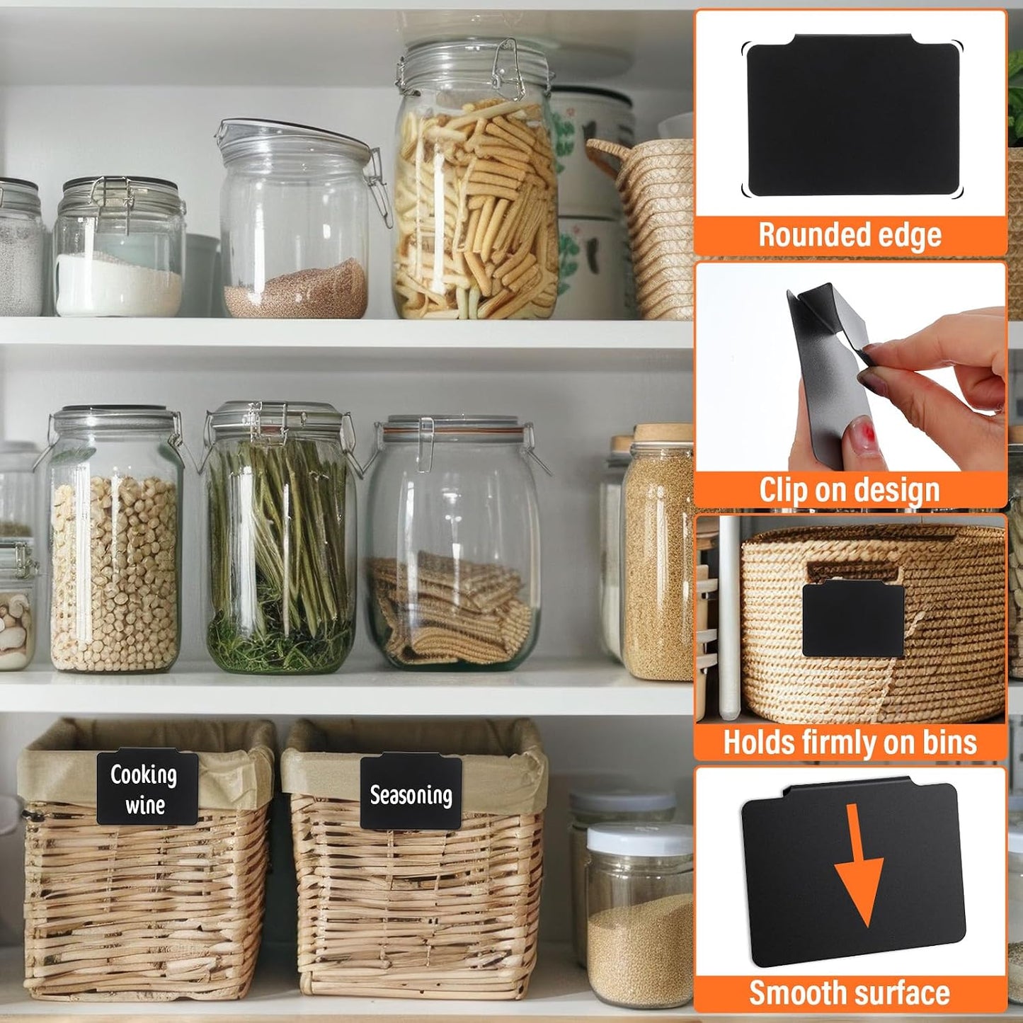 52PCS Basket Labels Clip On Set, 50 Removable PVC Bin Label Holders with 2 Chalk Markers for Pantry Storage Bins Organization (Black)