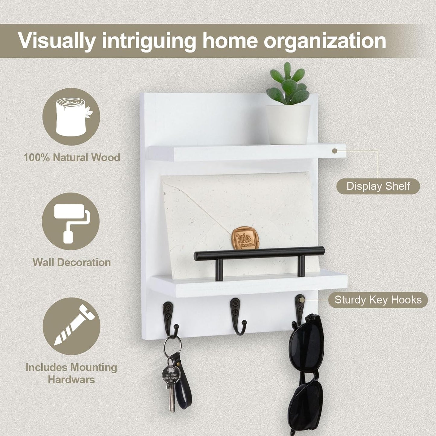 Key Holder Wall Mount, Mail Shelf Decor with 3 Key Hooks, Versatile Wood Wall Organizer for Entryway Hallway (8.2” x 10.6”x 3.6”) (White) | Farmhouse Key Hanger Holds Dog Leash, Sunglasses – Decorative Mail Organizer Home Decor