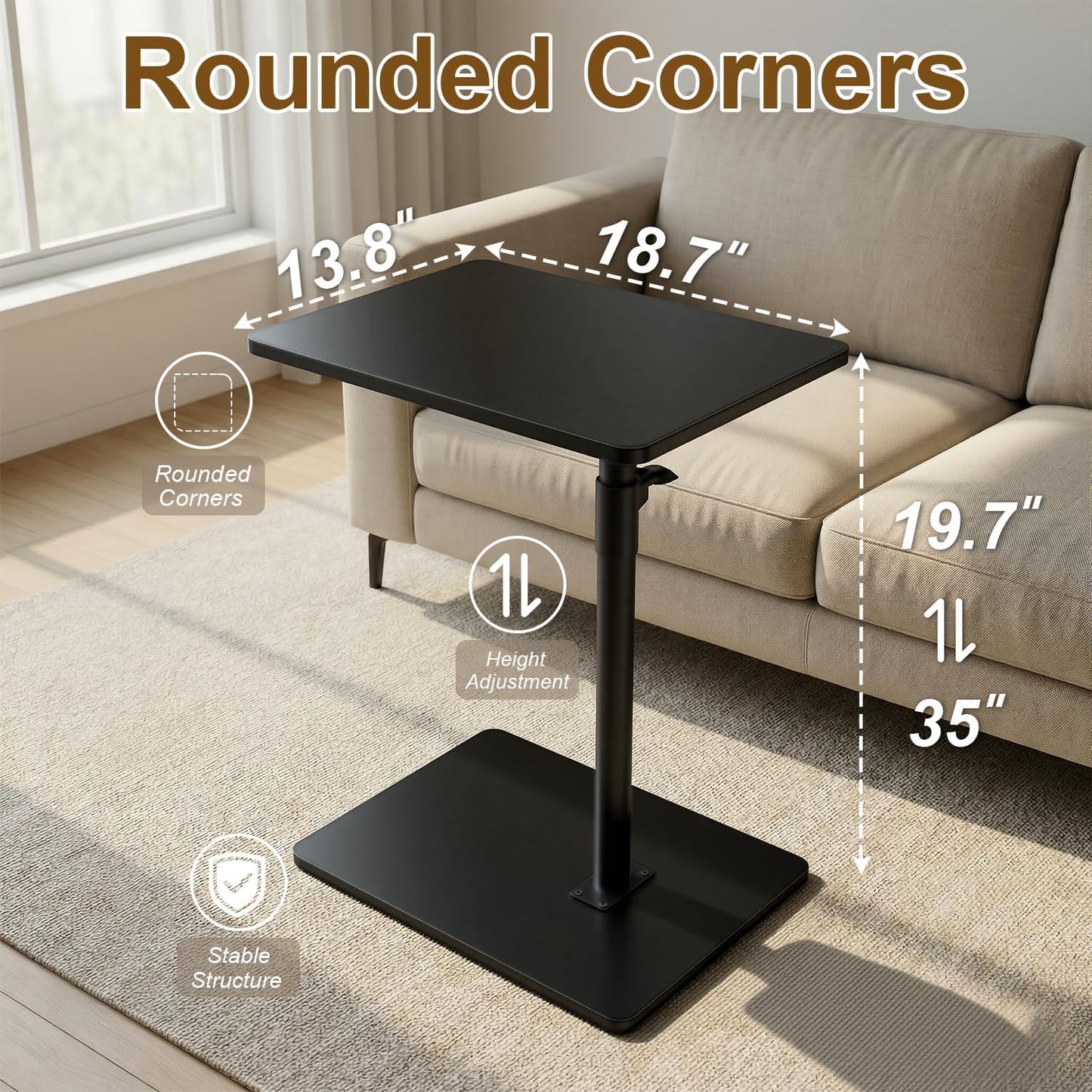 YUHFERA Sofa Armrest Tray Table for Couch - 360° Swivel Height Adjustable End for Small Spaces, Snack Side Table for Bed or Chair with Phone & Tablet Slot (Rustic,Standard)
