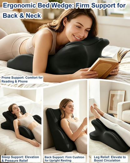 Ergonomic Memory Foam Wedge Pillow, 27° Bed Wedge Support, Black | Reading Reclining Sit Up Support, Upper Body Leg Elevation Comfort, Neck Back Waist Support, Removable Cover, Anti-Slip Base