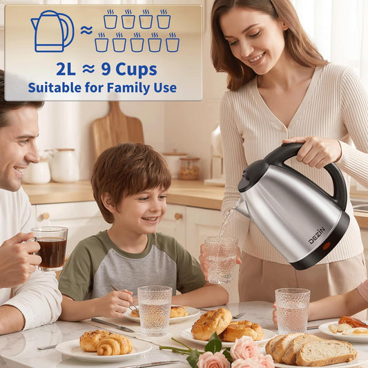 DEZIN 2L Electric Kettle, Fast Boil Electric Tea Kettle, 1000W Water Boiler | BPA-Free Electric Water Kettle Stainless Steel, Auto Shut-Off & Boil-Dry Protection, Ideal for Boiling Water, Coffee, Tea