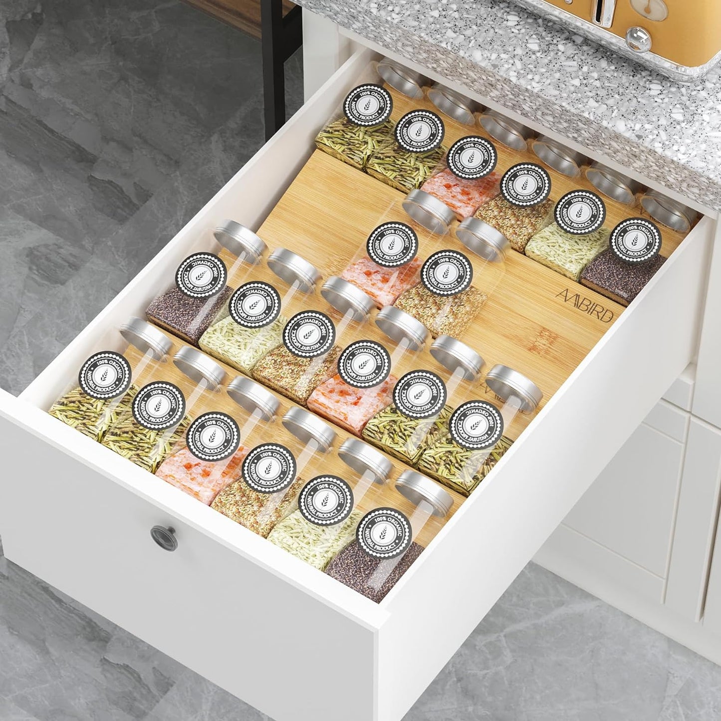 AMBIRD Bamboo Spice Drawer Organizer with Non-slip Mat,4 Tier - 2 Set Jar Spice Rack Tray From 9.5''to 19'', Seasoning Organizer for Kitchen,Cabinet,Drawers,Countertop