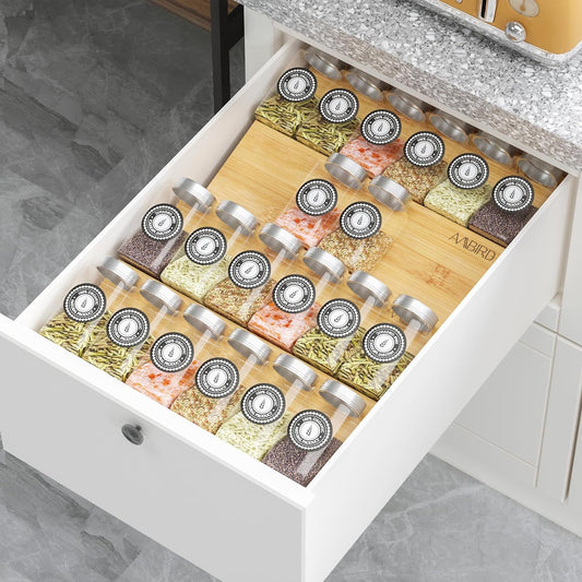AMBIRD Bamboo Spice Drawer Organizer with Non-slip Mat,4 Tier - 2 Set Jar Spice Rack Tray From 9.5''to 19'', Seasoning Organizer for Kitchen,Cabinet,Drawers,Countertop