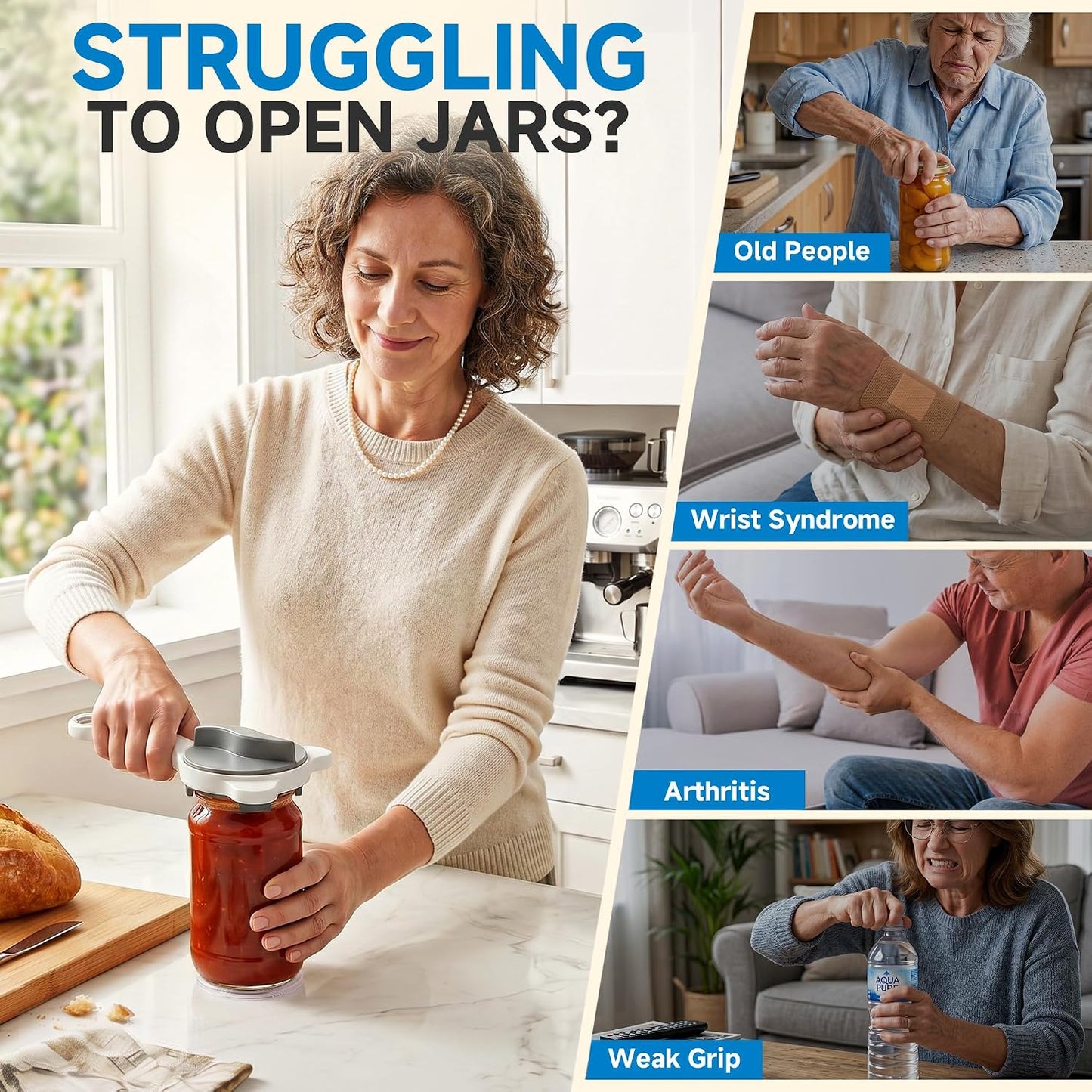 2026 Upgraded 4-in-1 Jar Opener - Adjustable Stainless Steel Lid Remover for Seniors & Arthritis Sufferers, Fits Kitchen Jars, Bottles & Cans Blue