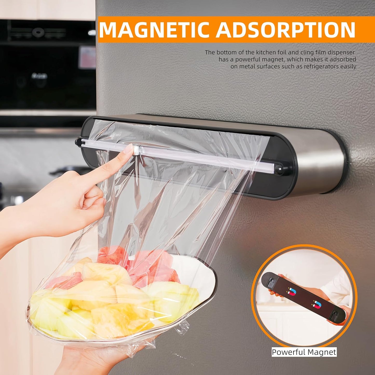 Aluminum Foil & Plastic Wrap Dispenser with Cutter - Magnetic & No-Drill Wall Mount, Stainless Steel Design, Space-Saving Kitchen Organizer for Worktops & Cabinets - Fits 12" Rolls, Silver