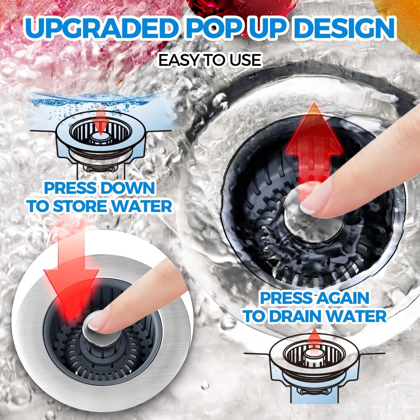 3 in 1 Kitchen Sink Drain Strainer Stopper Removable Basket Pop-Up | Kitchen Sink Food Strainer 1 Pack Silver Stainless - Food Catcher, Odor-Block Seal, Fits 3.5" Drain, Easy Clean