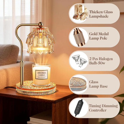 Candle Warmer Lamp with Timer Dimmer, Modern Wax Warmer for Scented Wax Jar Candle Warmer with 2 Bulbs, Adjustable Height Glass Lamp for Gifts for Women, Home Decor, Gold Amber