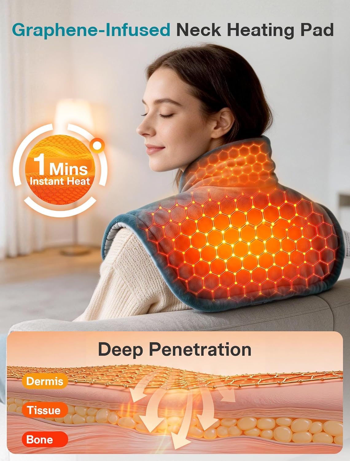 ALLJOY Graphene-Infused Heating Pad for Neck and Shoulders and Back | 1Mins Instant Heat, Weighted Neck Heating Pad for Neck Pain with 9 Heat 4 Timers, Birthday Gifts for Men Women Snug-Fit