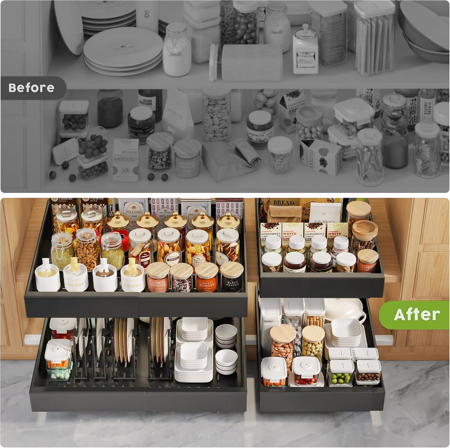 Seinloes 2 Pack Pull Out Cabinet Organizers 21"Deep with Raising Pad for Framed Cabinets,Expandable Slide Out Drawers Upgrade 3 Slide Rails,Roll Out Shelves Adhesive,Adjustable Width 12"-20.45" White