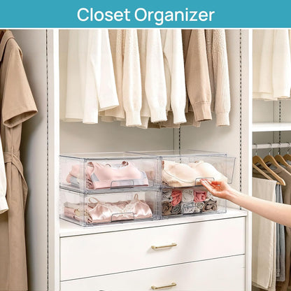 Vtopmart 2 Pack Large Clear Stackable Storage Drawers for Closet, Pantry | Easily Assemble Bathroom Undersink Organizers,Plastic Storage Bins for Cabinet,Kitchen Pantry Organization