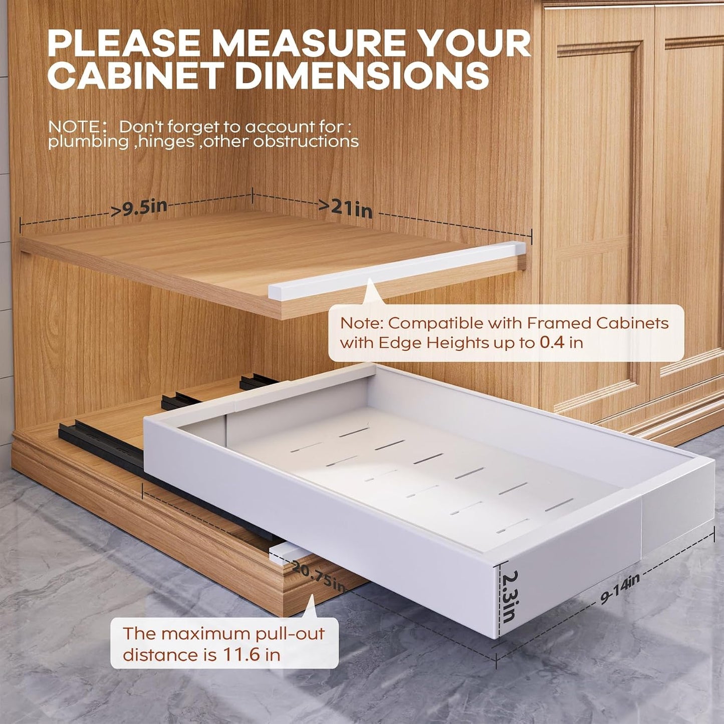 Seinloes 2 Pack Pull Out Cabinet Organizer for Wide Cabinets,Expandable 15.1"-26.3" Width,21" Deep Slide Out Drawers With Raising Pad for Framed Cabinets,3 Slide Rails,No Drill Roll Out Shelves,White