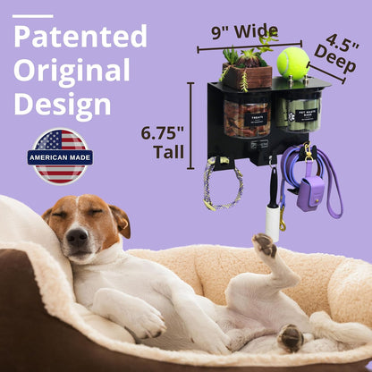 Dog Leash Holder for Wall with Shelf — Wall Mounted Dog Treat Holder & Station, 2 Airtight 32oz Treat Containers, 9 Hooks, Patented Lidless Slide-to-Seal Jars, Solid Steel, Made in USA