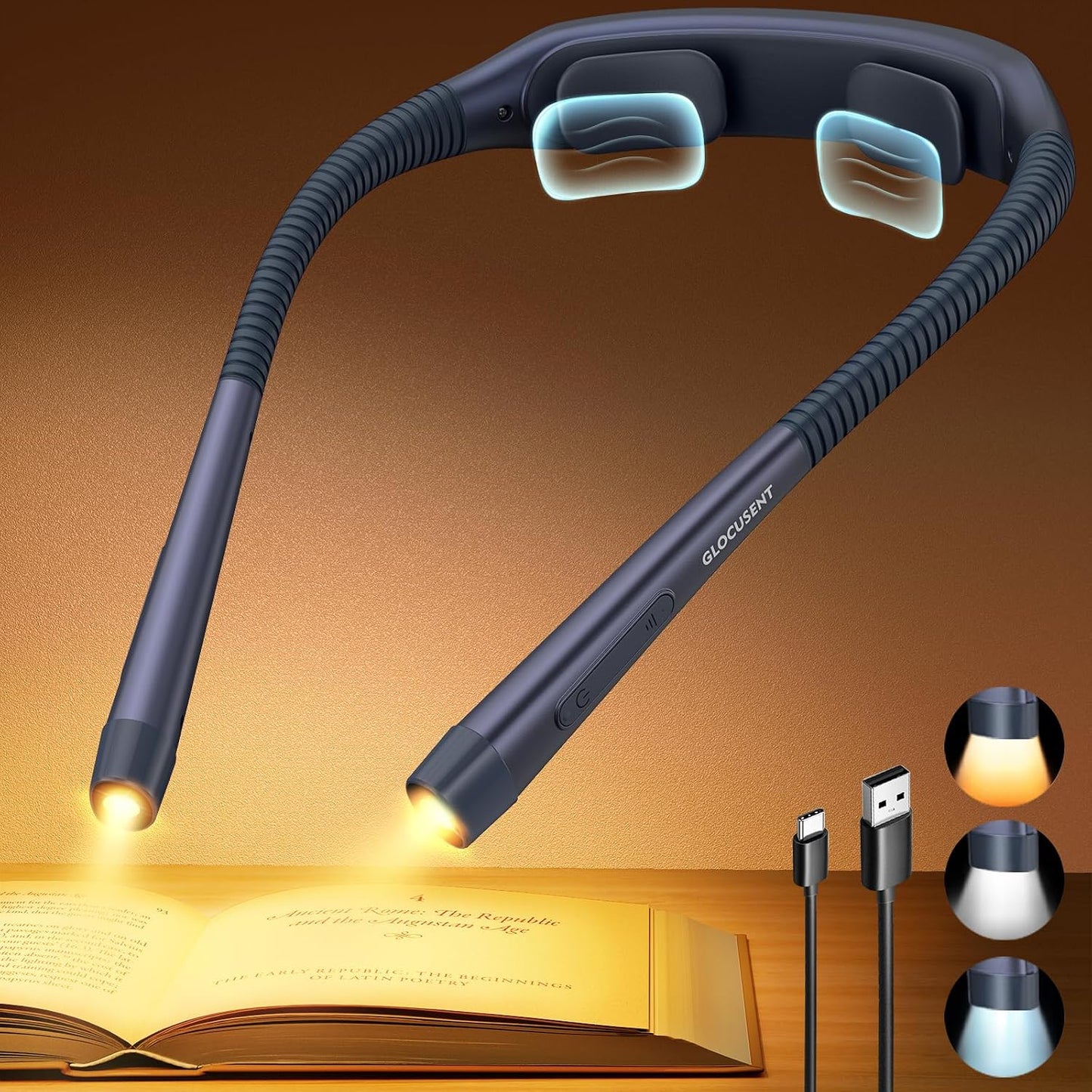 Glocusent Neck Light with Timer, 100 Hours Book Light for Bedtime Reading | Neck Reading Light, 3-Color, 5 Brightness, Bendable, Ergonomic, 1600mAh, Rechargeable, Eye Care, Sleep Aid, Travel Lock, Gift