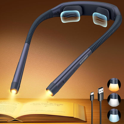 Glocusent Neck Light with Timer, 100 Hours Book Light for Bedtime Reading | Neck Reading Light, 3-Color, 5 Brightness, Bendable, Ergonomic, 1600mAh, Rechargeable, Eye Care, Sleep Aid, Travel Lock, Gift