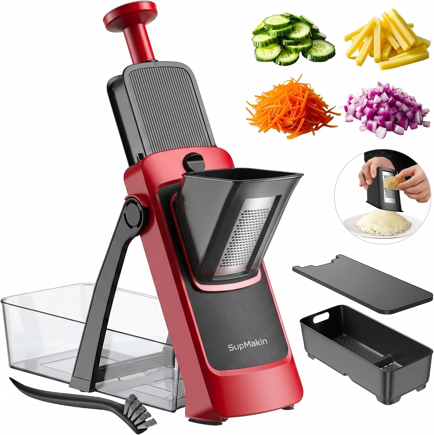 SupMaKin Safe Mandoline Slicer Plus for Kitchen Adjustable Vegetable Slicer | 0.1-8mm, Cut Resistant Stainless Steel Blades,Potato Fry Cutter, Onion Chopper, Detachable,Foldable Dishwasher Safe, Gifts