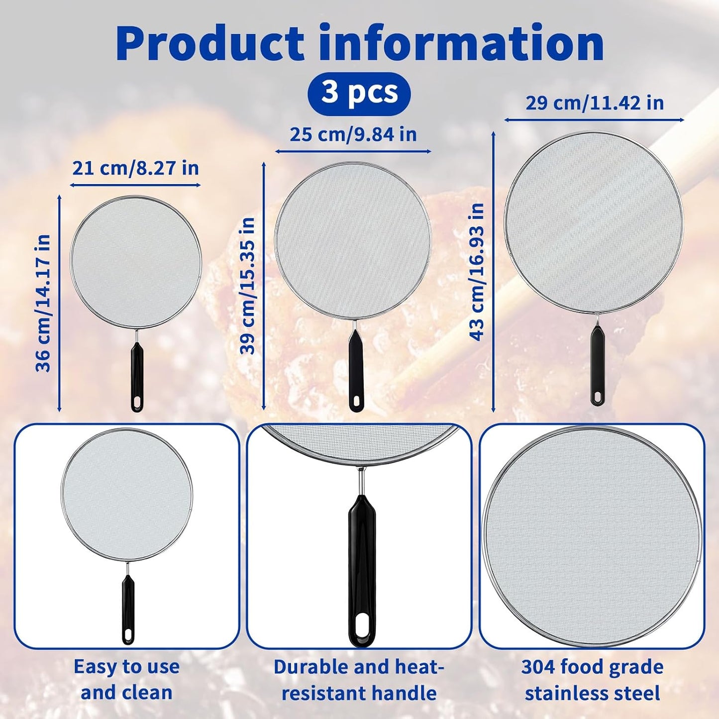 3-Pack Splatter Screen for Frying Pan - 8'' 10'' 11''Stainless Steel Grease Splatter Guard - Cover Oil Splash when Sizzling Bacon - Fine Mesh Cover, Splatter Screen for Frying Pan, Cooking Pots