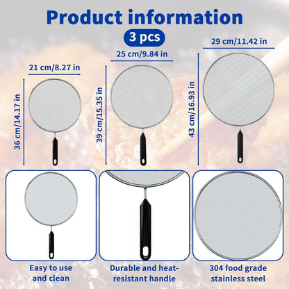 3-Pack Splatter Screen for Frying Pan - 8'' 10'' 11''Stainless Steel Grease Splatter Guard - Cover Oil Splash when Sizzling Bacon - Fine Mesh Cover, Splatter Screen for Frying Pan, Cooking Pots