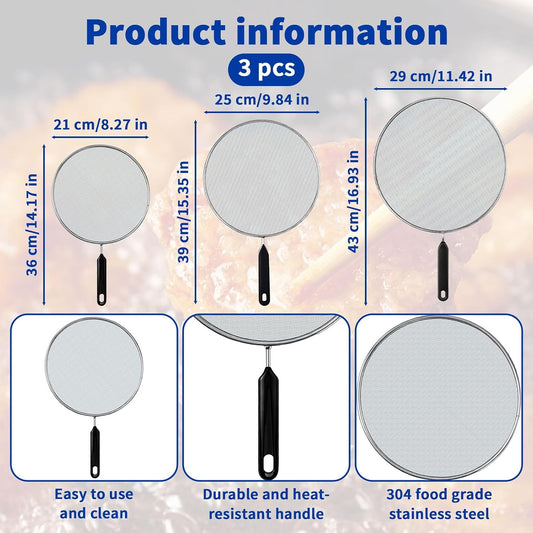 3-Pack Splatter Screen for Frying Pan - 8'' 10'' 11''Stainless Steel Grease Splatter Guard - Cover Oil Splash when Sizzling Bacon - Fine Mesh Cover, Splatter Screen for Frying Pan, Cooking Pots