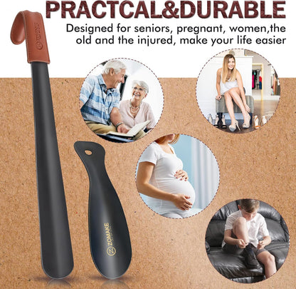ZOMAKE Shoe Horn Long Handle for Seniors Men Women, Metal Shoehorn 2Pack | 16.5" Long Boot Horn, Travel Small Shoe Spoon Helper 7.5", Sturdy Stainless Steel, Anti-Slip Leather Grip, Shoe Protection