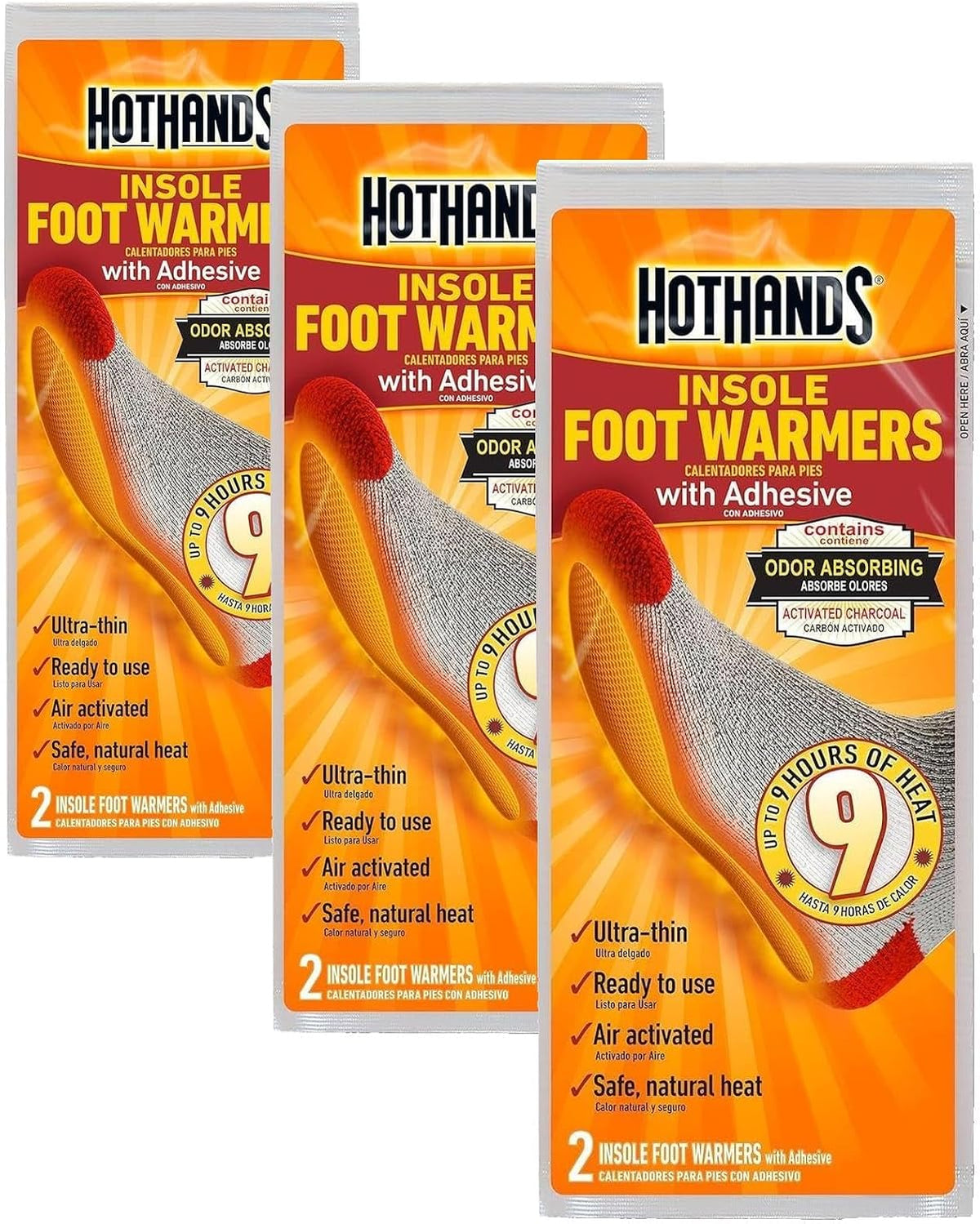 HotHands Insole Foot Warmers with Adhesive - Long Lasting Safe Natural Odorless Air Activated Warmers - Up to 9 Hours of Heat