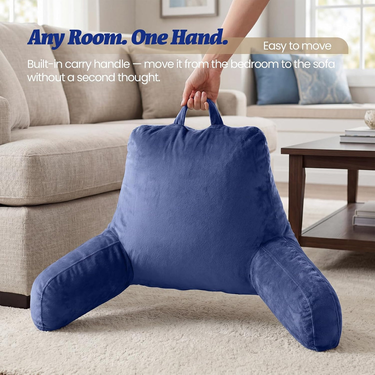 ACH Reading Pillow with Arms for Adults - Adjustable Memory Foam Bed Rest Pillow, Lumbar & Neck Back Support, Soft Velvet Cover Machine Washable, Deep Side Pocket & Carry Handle, Grey
