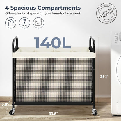 STO STO Laundry Hamper 2 Section, 100L Rolling Laundry Sorter Cart with Removable and Washable Liner Bag, Clothes Hamper with Wheels and Metal Handle for Laundry Room and Bedroom