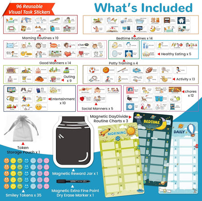JJPRO Magnetic Bedtime/Morning/Daily Routine Chart for Kids with Reward Jar-Morning Routine Chart,Daily Checklist Reward Chart for Toddlers,Reward Jar for Kids,Cute Visual Schedule Board for Home
