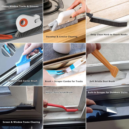CRAFNEW 15Pcs Window Track Cleaning Brush, Small Crevice Cleaning Tools | Window Sill & Gap Cleaner for Sliding Door Tracks, Window Seals, Tile Grout, Kitchen & Bathroom Narrow Grooves, Car Vents