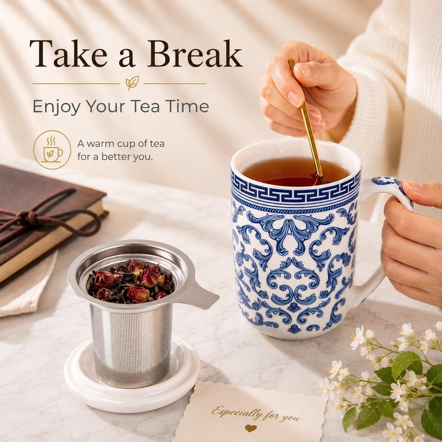 AmorArc Tea Cup With Infuser and Lid, 18oz Loose Leaf Tea Mug With Steeper | Porcelain Tea Mug With Infuser and Lid, Large Strainer Tea Cup with Lid for Tea, Coffee Mug for House-warming Birthday Gift