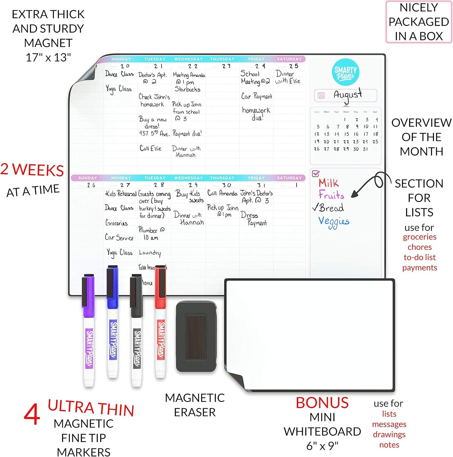 Dry Erase Weekly Extra Thick Magnetic Calendar for Refrigerator: 17x13 Two Week Planner and 6x9 White Board, 4 Fine Tip Markers and Eraser. Stain Resistant. Shipped Flat. (Monthly Planner)