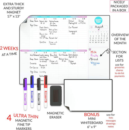 Dry Erase Weekly Extra Thick Magnetic Calendar for Refrigerator: 17x13 Two Week Planner and 6x9 White Board, 4 Fine Tip Markers and Eraser. Stain Resistant. Shipped Flat. (Monthly Planner)