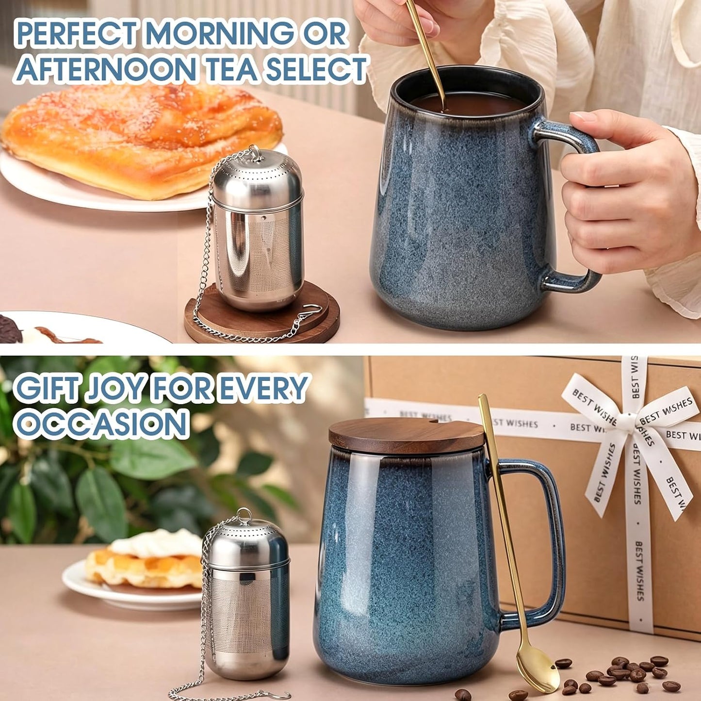 Zhehao 24oz Large Ceramic Tea Mug with Loose Leaf Infuser, Gift for Men Women, Coffee Cup with Lid & Spoon for Tea Lovers, Microwave & Dishwasher Safe, Present for Thanksgiving Christmas(Green)