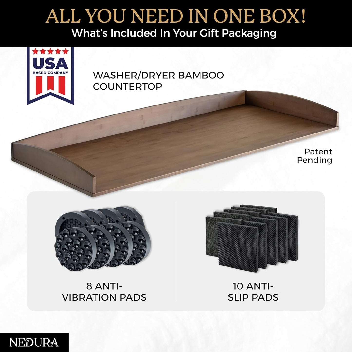Nedura Washer Dryer Countertop with Anti-Vibration Pads, Curved Edge Rails, Premium Bamboo Laundry Countertop, Washer Dryer Topper, Laundry Room Organization, Laundry Room Accessory – Dark Walnut
