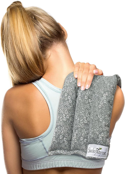 SacksyThyme Microwave Heating Pad for Back, Neck, Menstrual Cramps, Shoulders, Leg Pain Relief - Hot Moist Microwavable Therapy Pack - Gray Unscented Flaxseed Heat Pad Made in USA