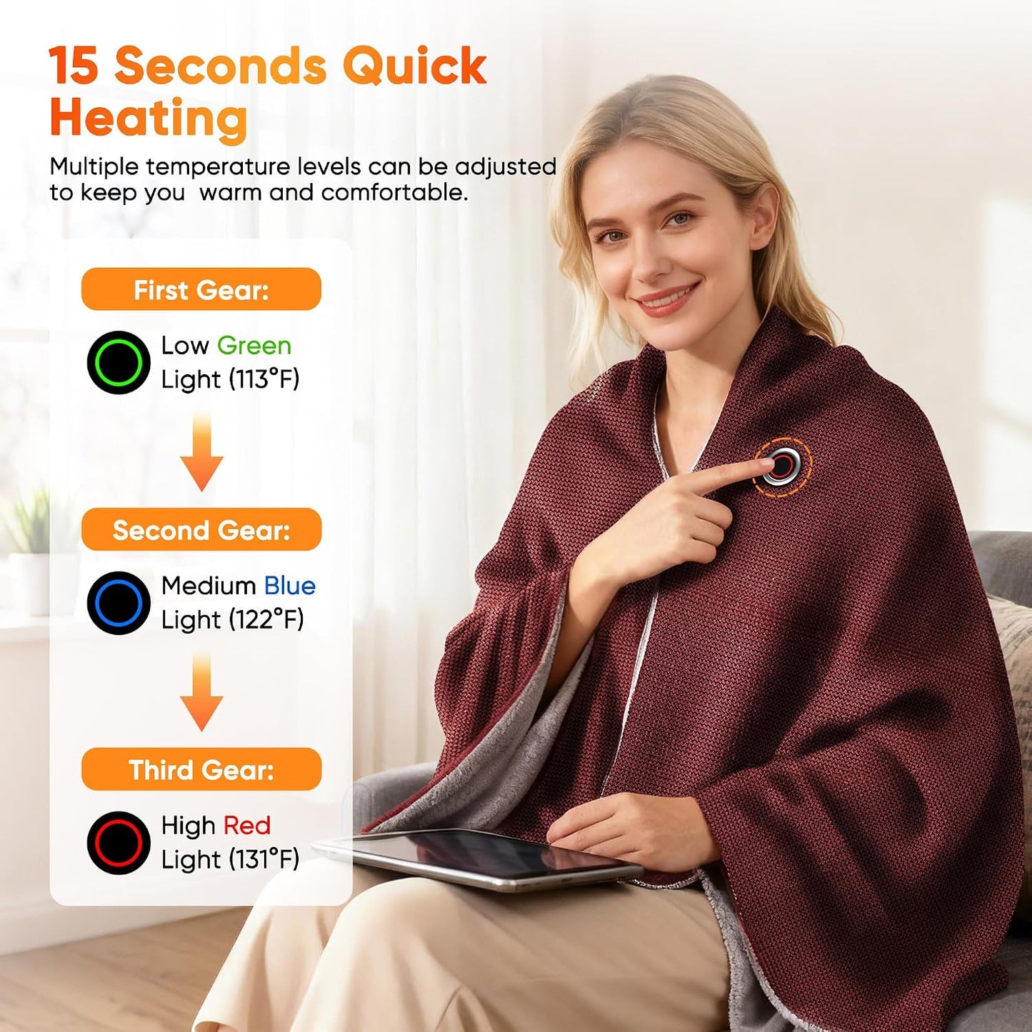 Heated Blanket Battery Operated Cordless Portable Heated Shawl,61" x 31" Electric Throw Blanket with 3 Fast Heating Levels,with Rechargeable Power Bank, Winter Gift for Women