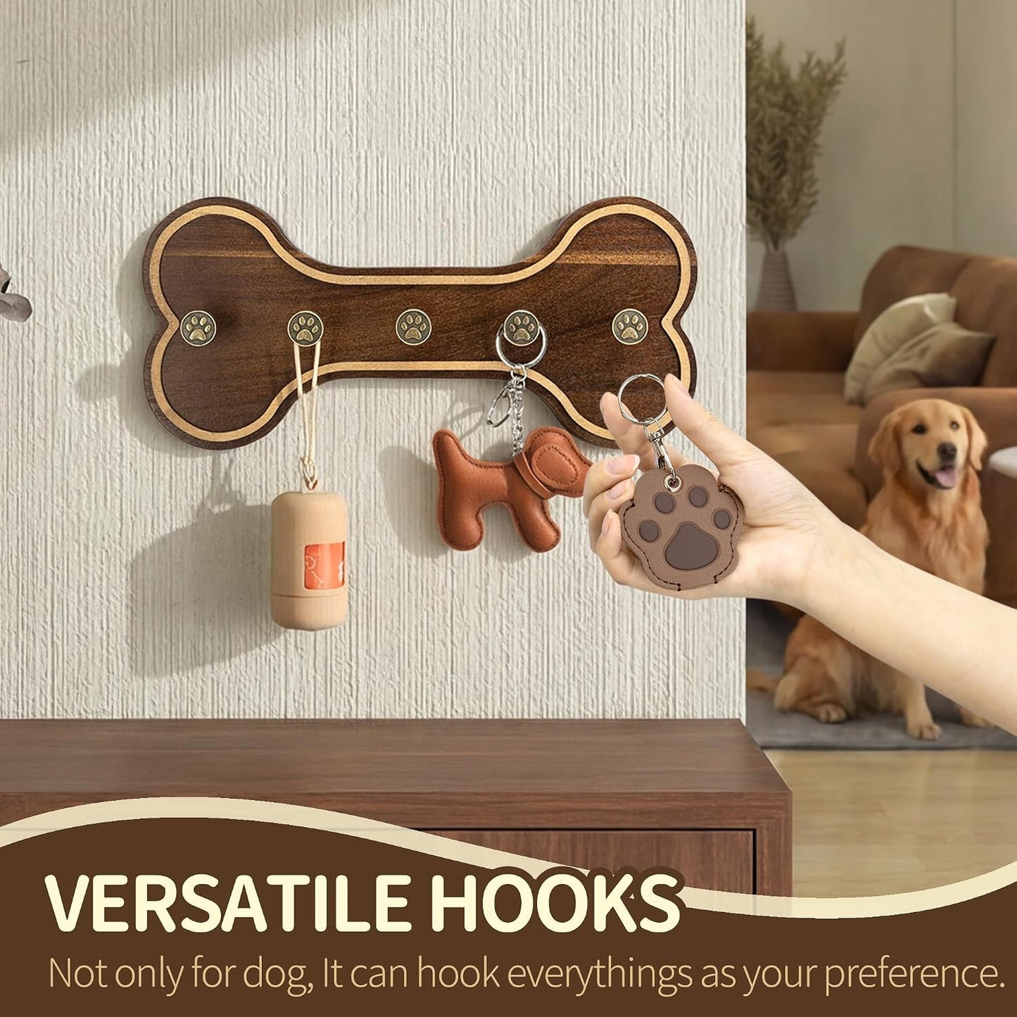 MTERSN Dog Leash Holder Wall Mount with 3D Paws Hooks, Distressed White | Bone-Shaped Dog Leash Holder for Wall, Leash Holder, 5 Dog Leash Hook, Pet Accessories Storage, Gift for Dog Lovers