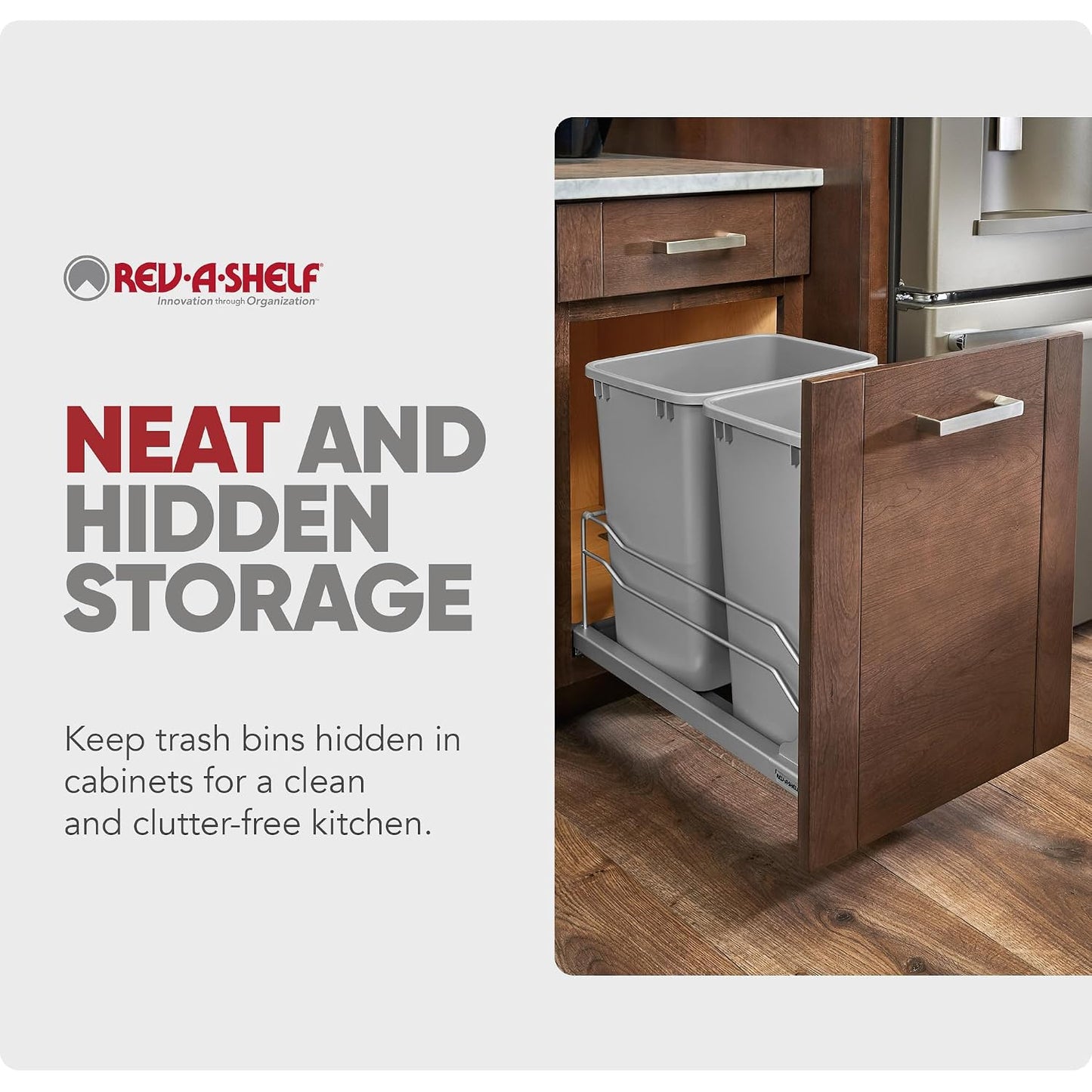 Rev-A-Shelf Double Pullout Trash Can w/Soft-Close Slides, 14.5" Min Opening | Large Capacity Garbage/ Recycling Waste Bins for Under Kitchen Cabinets, Heavy Gauge Wire Construction, 53WC-1835SCDM-211