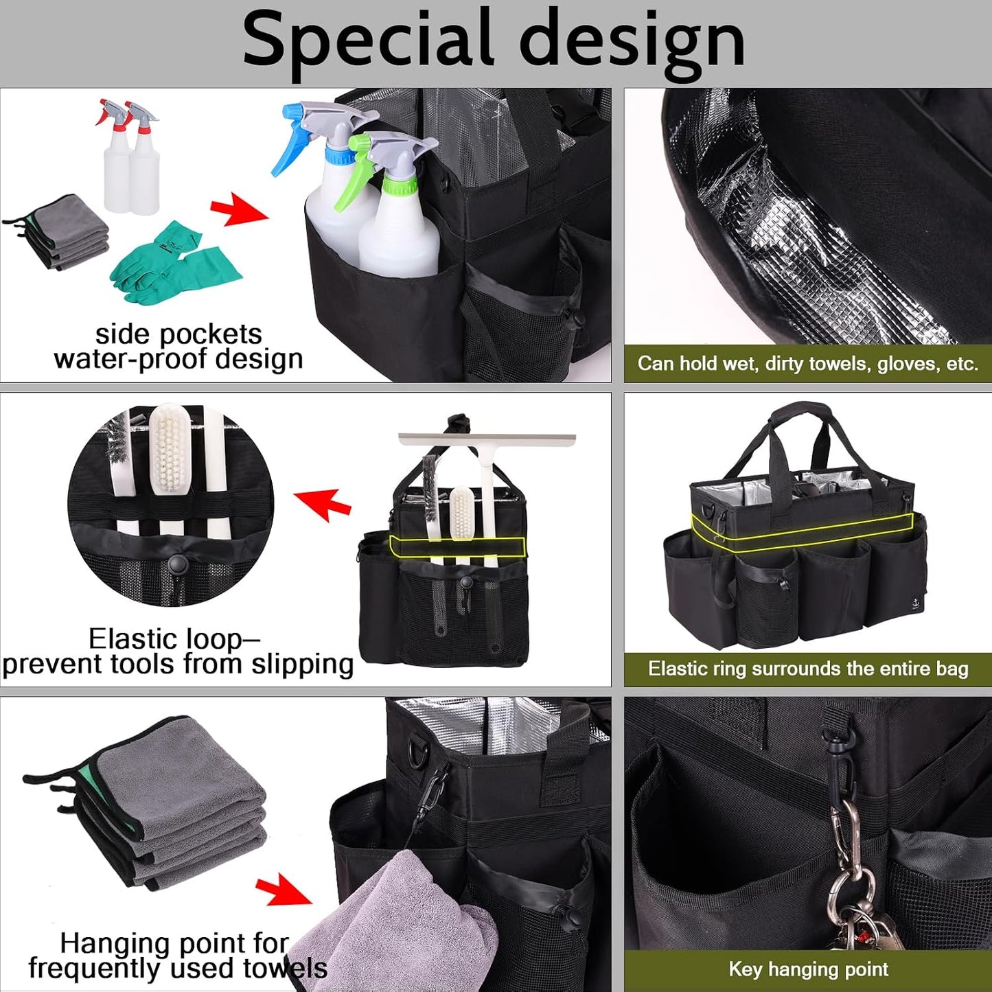 Large Cleaning Caddy Bag Built-in hard plastic sheet Aluminum foil lining | Waterproof nylon, aluminum foil lining, detachable dividers, dual straps for housekeepers