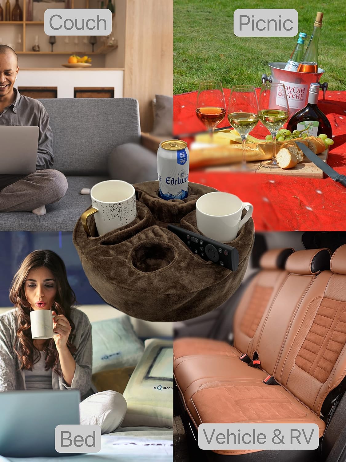 Xchouxer Couch and Bed Cup Holder Pillow, Sofa Organizer Caddy for Drinks, Remotes, Phones, Snacks (Beige)
