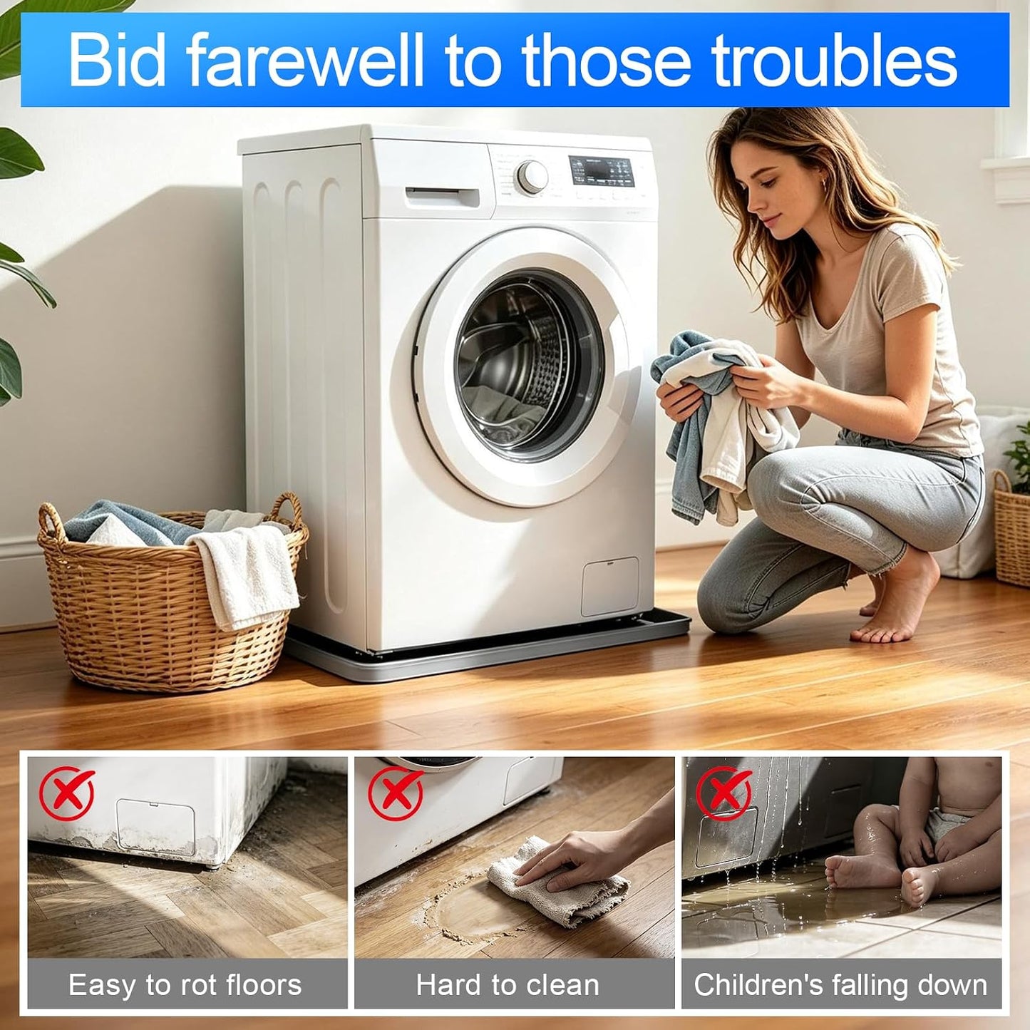 Silicone Washing Machine Drain Pan, 32"x 30" Raised Edge Drip Tray | Thickened silicone; Anti-slip & anti-vibration; Soft & foldable; Protect floors & laundry rooms; Fits most washer or dryer