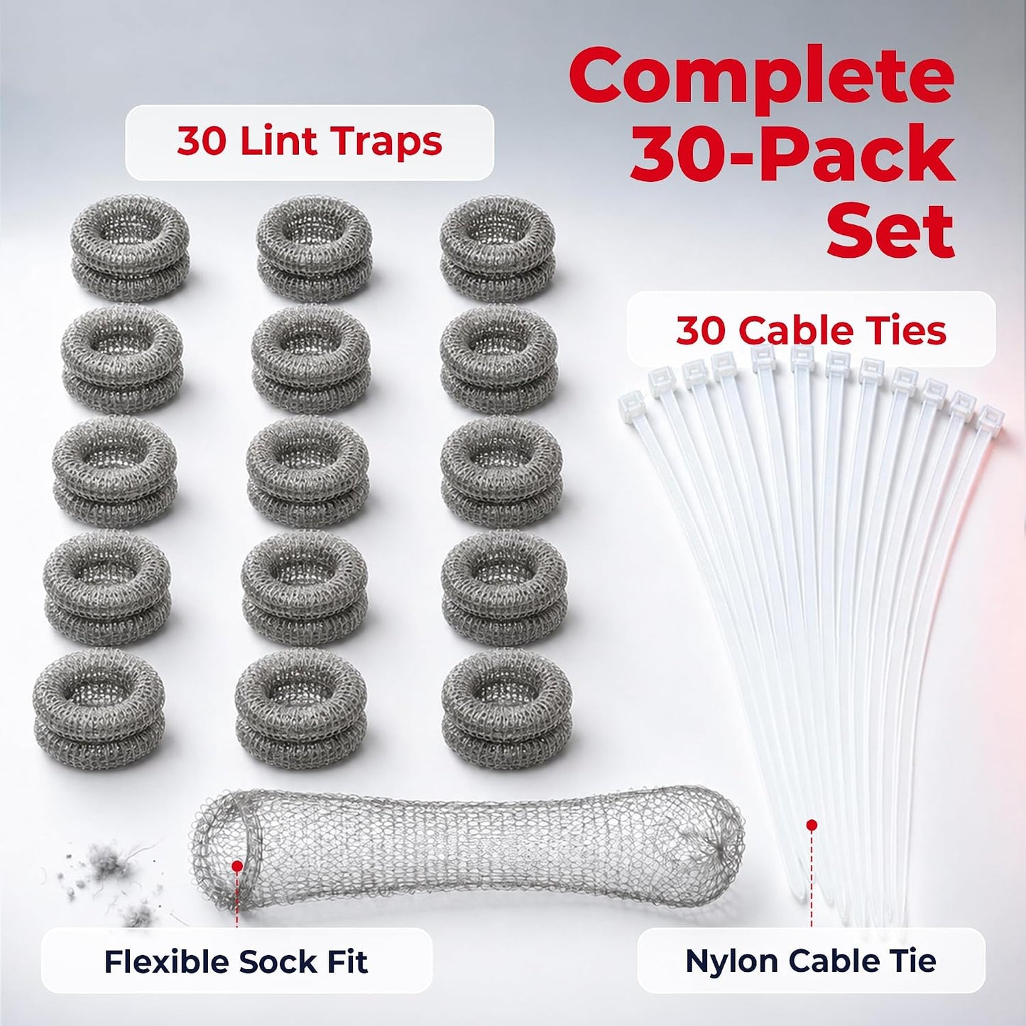 Washing Machine Lint Trap Stainless Steel 12-Pack | 29cmx6.5cm, Hose Filter, Mesh Drain Catcher, Washer Sock Remover, Rust-Free Snare Laundry Filter with Nylon Cable Ties
