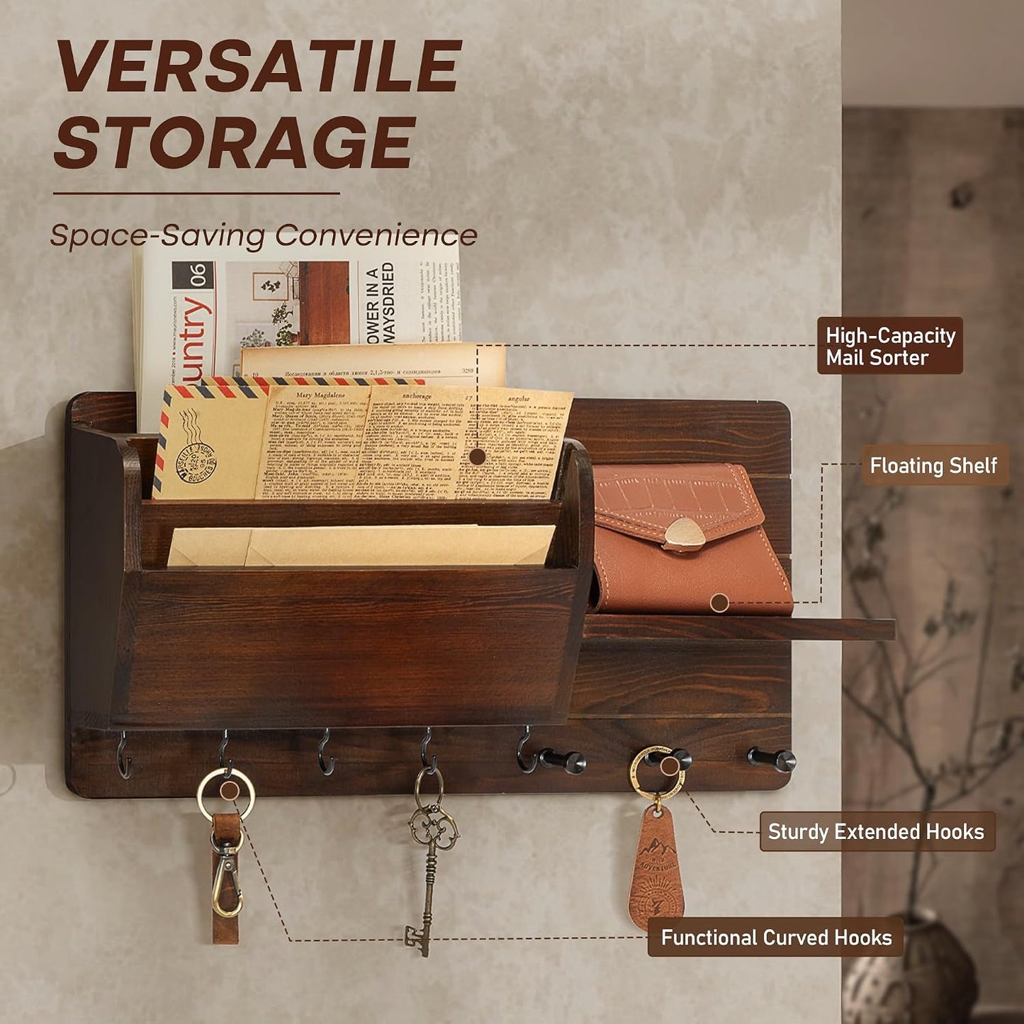 Rebee Vision Pine Wood Key Holder Wall Mount with Mail Sorter, Light Brown | Display Shelf, 8 Key Hooks, 3 Mail Sorters, Mail Organizer for Letters, Papers, Key Holder for Wall, Keep Entryways Tidy