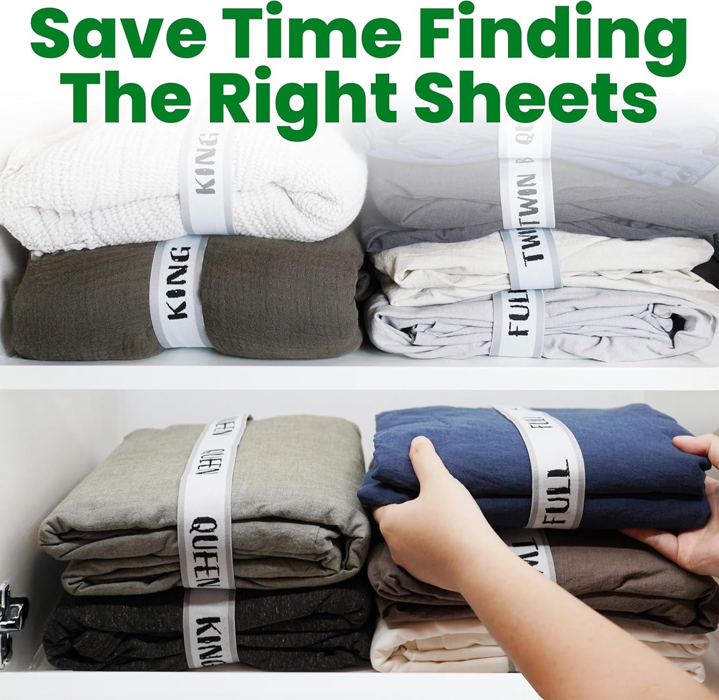 ECOHomes Bed Sheet Organizer Label Bands (King 4PCs Pack, Cream) | Storage Size Label Bands, Bed Sheets Set Organizers, Linen Closet Organization, Elastic Bedding Band, for Organizing Bedsheet