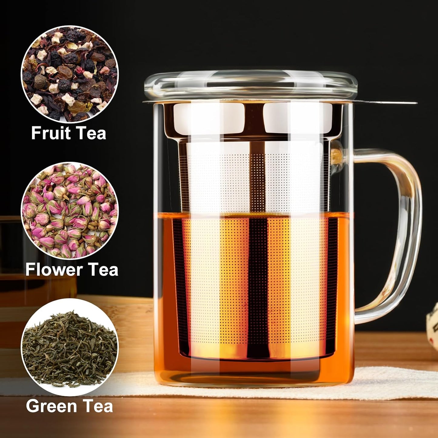 PARACITY Tea Mug with Infuser and Lid, 15 oz Clear Borosilicate Tea Cup | 304 stainless steel strainer handles loose leaf or bagged blends; clear body works with hot or iced drinks and rinses easily
