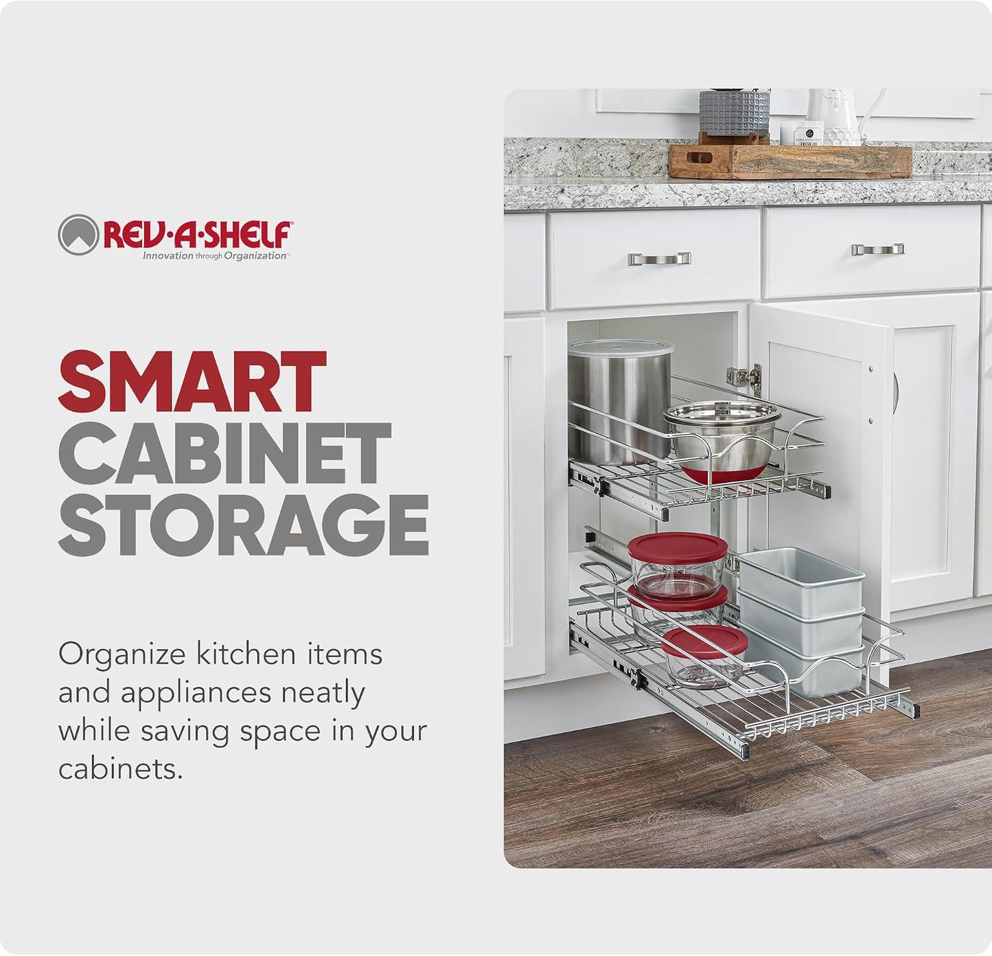 Rev-A-Shelf Pullout Organizer for Cabinets, Min Opening Width of 18" | STwo-Tier Steel Shelf for Kitchen or Vanity Cabinet Organization, Heavy Gauge Wire Slide Out Storage Basket, 5WB2-1822CR-1