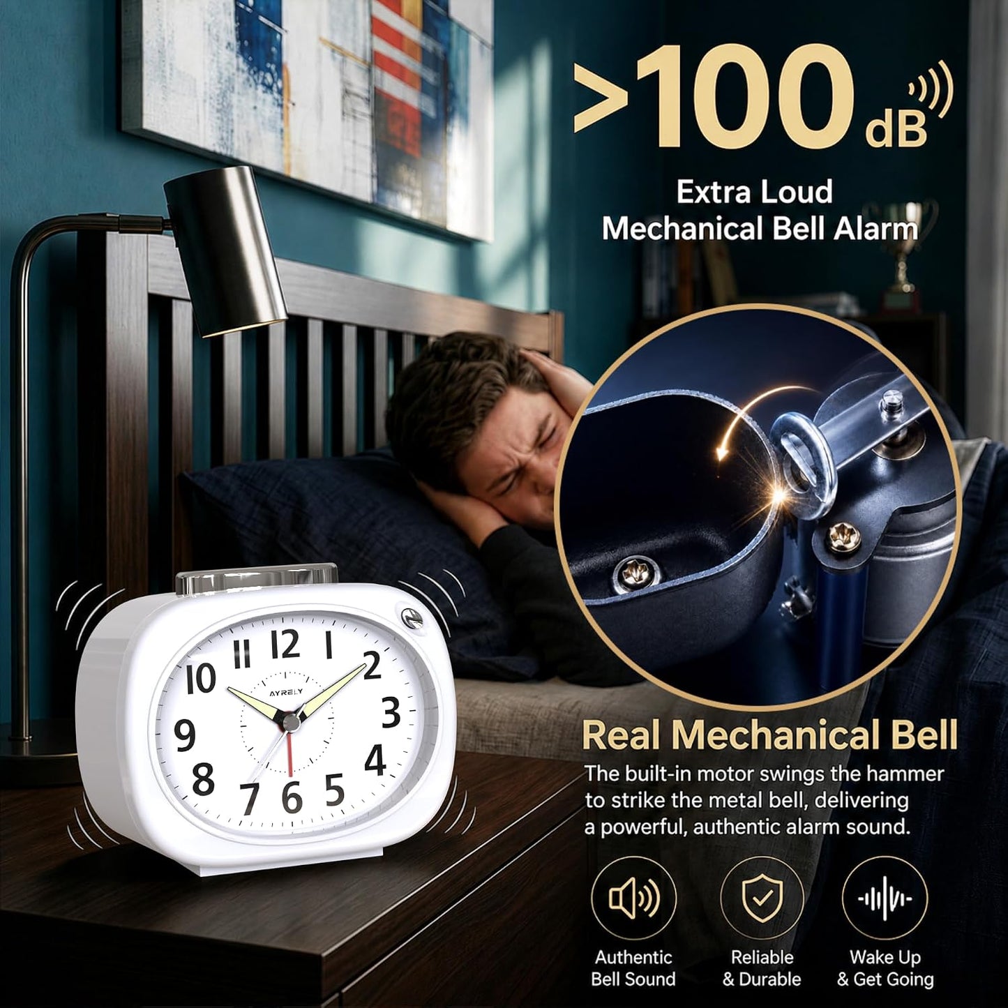 AYRELY® 4.5" Loud Analog Alarm Clock for Heavy Sleepers, 100 dB Alarm Sound | Mechanical Bell, Silent Quartz Desk Clock and Table Clock with 10-Second Night Light, Luminous Hands for Bedroom and Bedside