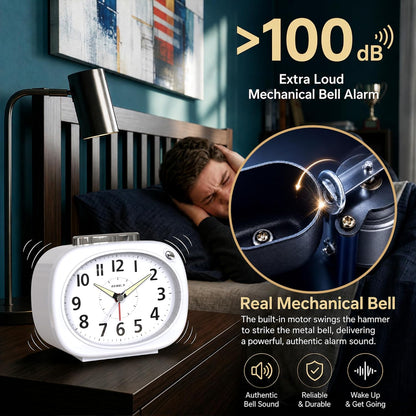 AYRELY® 4.5" Loud Analog Alarm Clock for Heavy Sleepers, 100 dB Alarm Sound | Mechanical Bell, Silent Quartz Desk Clock and Table Clock with 10-Second Night Light, Luminous Hands for Bedroom and Bedside