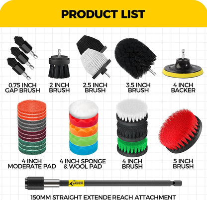 Holikme 30Piece Drill Brush Attachment Set - Power Scrubber Cleaning Kit | Buffing Sponges, Nylon Grout Tools, Tile Bathtub Shower Floors Kitchen Car Interior Detailing, Cleaning Supplies
