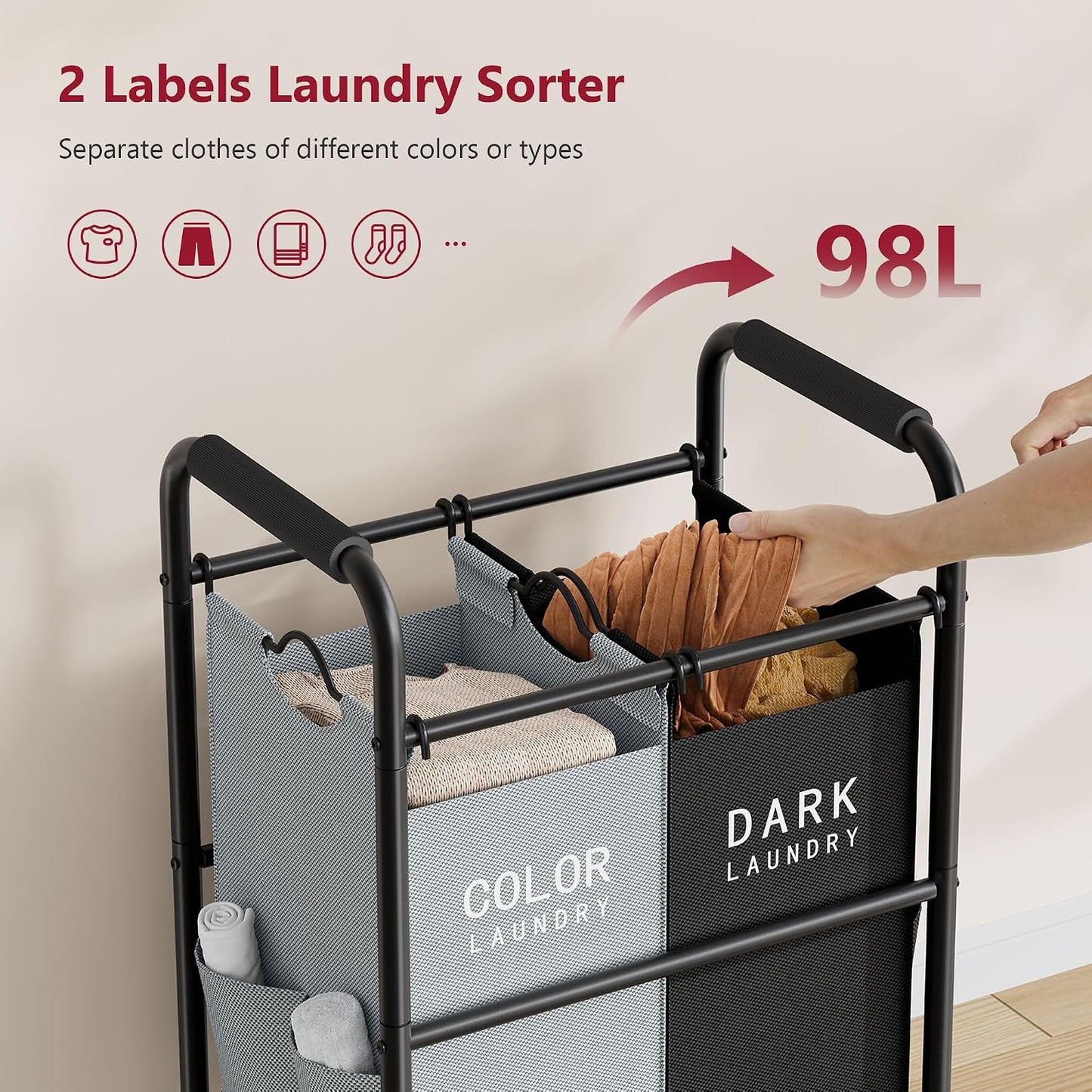 2 Bag Laundry Sorter Cart, Black & Grey | 50lbs Large Capacity, Removable Laundry Bags, Heavy Duty Lockable Rolling Wheels, Laundry Hamper Basket for Clothes Storage